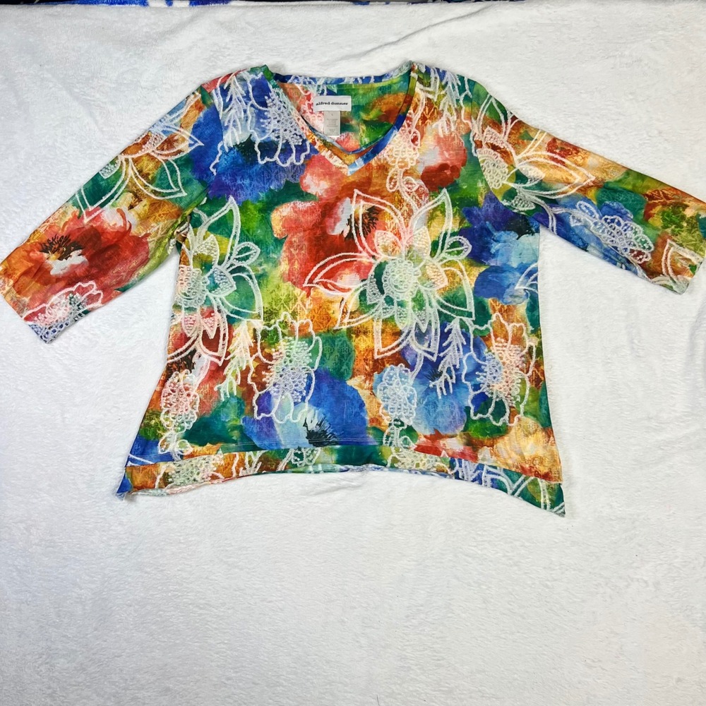 Alfred Dunner Floral Wearable Art V-Neck Top 3/4 Sleeve Embroidered Size Large